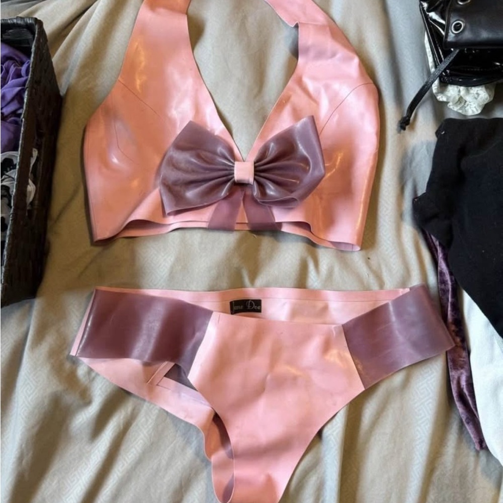 Pink and Purple Bow Jane Doe Latex  Bikini Set